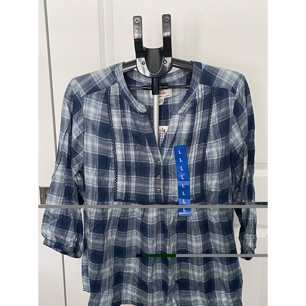 Wrangler Womens Blue Plaid Lace Trim Peasant Blouse 3/4 Sleeve Top Large NEW